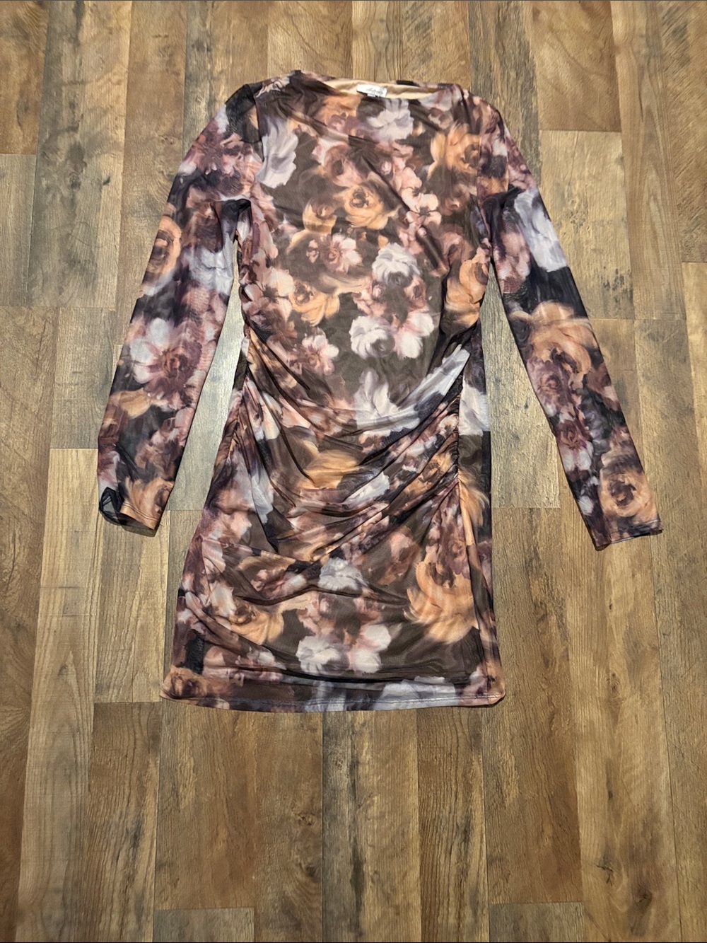Floral Ruched Long Sleeve Mesh Dress - Brown & Peach Tones